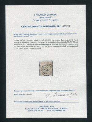 1870/6 - Afinsa nº 46. D. Luis I, fita direita. Selo de 240 reis usado. Papel liso, denteado 12 1/2. Com CERTIFICADO DE PERITAGEM (CERTIFICATE). Em boas condições.