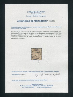 1870/6 - Afinsa nº 46a. D. Luis I fita direita. Selo de 240 reis usado. Papel COSTELADO na frente, denteado 12 1/2. Em boas condições. Com CERTIFICADO DE PERITAGEM (CERTIFICATE).