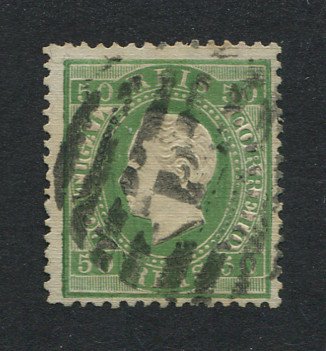 1870/6 - Afinsa nº 41f. D. Luís I, fita dire0ta. Selo de 50 reis usado. Papel COSTELADO na frente, denteado 12 1/2. Com CERTIFICADO DE PERITAGEM (CERTIFICATE). Em boas condições.