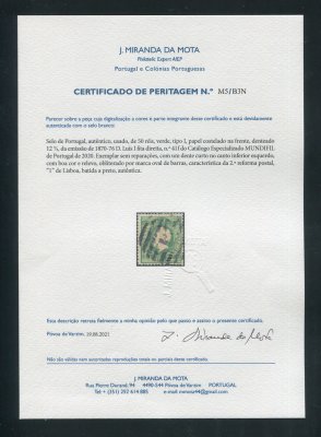 1870/6 - Afinsa nº 41f. D. Luís I, fita dire0ta. Selo de 50 reis usado. Papel COSTELADO na frente, denteado 12 1/2. Com CERTIFICADO DE PERITAGEM (CERTIFICATE). Em boas condições.