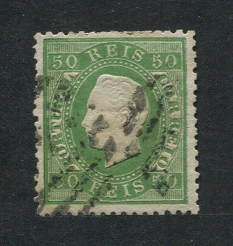 1870/6 - Afinsa nº 41f. D. Luís I, fita direita. Selo de 50 reis usado. Papel COSTELADO no verso, denteado 12 1/2. Com CERTIFICADO DE PERITAGEM (CERTIFICATE). Denteado com retoques mas em boas condições.