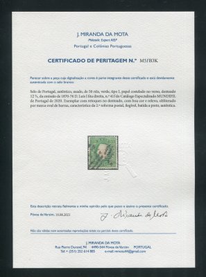 1870/6 - Afinsa nº 41f. D. Luís I, fita direita. Selo de 50 reis usado. Papel COSTELADO no verso, denteado 12 1/2. Com CERTIFICADO DE PERITAGEM (CERTIFICATE). Denteado com retoques mas em boas condições.