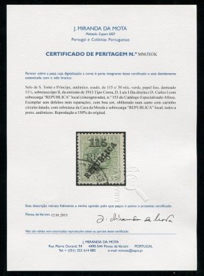 1913 - Afinsa nº 153. Coroa com sobrecarga local Républica. Selo de 115r/50r usado. Com CERTIFICADO DE PERITAGEM (CERTIFICATE). Em boas condições.