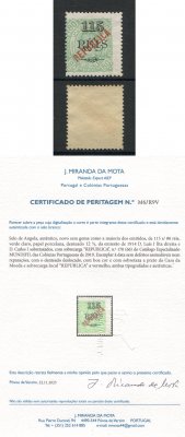 1914 - Afinsa nº 170. D. Carlos I com sobretaxa e sobrecarga local REPUBLICA. Selo de 115r/80r NOVO sem goma como emitido. Denteado 12 1/2. Com CERTIFICADO DE PERITAGEM. Ligeiramente descentrado mas em boas condições.