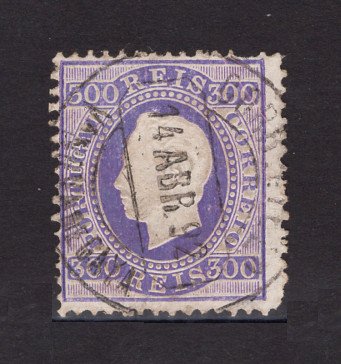 1870/6 - Afinsa nº 47B. D. Luis I, fita direita.Selo de 300 reis usado. Papel porcelana, denteado 12 1/2. Carimbo de Vila Nova de Gaia. Denteado irregular.