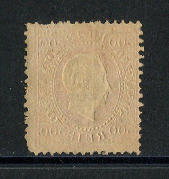 1870/6 - Afinsa nº 47B. D. Luis I, fita direita.Selo de 300 reis usado. Papel porcelana, denteado 12 1/2. Carimbo de Vila Nova de Gaia. Denteado irregular.