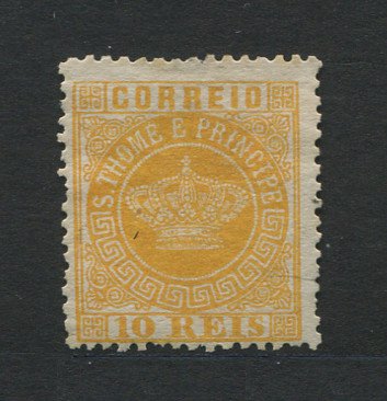 1870 - Afinsa nº 2. Tipo Coroa. Selo de 10 reis usado. Papel fino, denteado 12 1/2. Tem o denteado ligeiramente irregular.