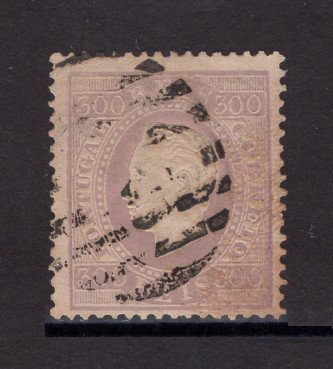 1870/6 - Afinsa nº 47a. D. Luis I, fita direita.Selo de 300 reis usado. Papel liso, denteado 13 1/2. Cor irregular.