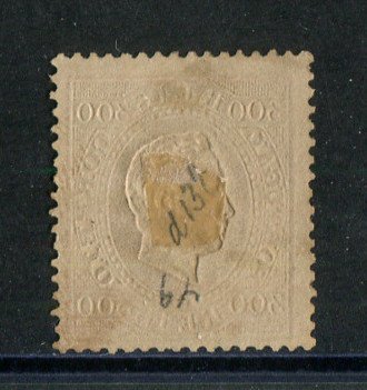 1870/6 - Afinsa nº 47a. D. Luis I, fita direita.Selo de 300 reis usado. Papel liso, denteado 13 1/2. Cor irregular.