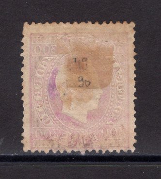 1870/6 - Afinsa nº 47D. D. Luis I, fita direita.Selo de 300 reis usado. Papel porcelana, denteado 13 1/2. Pequena transparência.