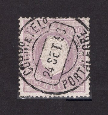 1870/6 - Afinsa nº 47D. D. Luis I, fita direita.Selo de 300 reis usado. Papel porcelana, denteado 13 1/2. CARIMBO DE PORTALEGRE. Pequena transparência.