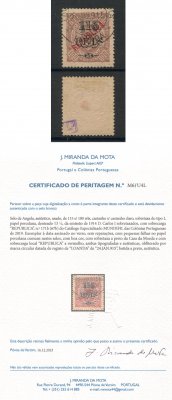 1914 - Afinsa nº 171B. D. Carlos I com sobretaxa e sobrecarga local REPUBLICA. Selo de 115r/100r usado. Denteado 13 1/2. Com CERTIFICADO DE PERITAGEM (CERTIFICATE). Em boas condições.