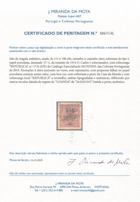 1914 - Afinsa nº 171B. D. Carlos I com sobretaxa e sobrecarga local REPUBLICA. Selo de 115r/100r usado. Denteado 13 1/2. Com CERTIFICADO DE PERITAGEM (CERTIFICATE). Em boas condições.
