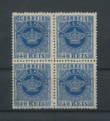 1870 - Afinsa nº 5. Tipo Coroa. Selos de 40 reis EM QUADRA. Novos sem goma como usual. AZUL. Denteado 12 1/2. Em boas condições.