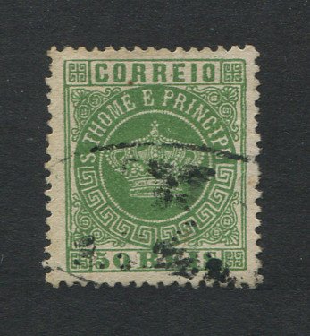 1870 - Afinsa nº 6. Tipo Coroa. Selo de 50 reis usado. Papel liso, denteado 12 1/2. Em boas condições.