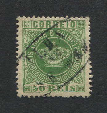 1870 - Afinsa nº 6. Tipo Coroa. Selo de 50 reis usado. Papel liso, denteado 12 1/2. Em boas condições.