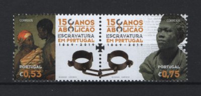 2019 - Afinsa nº 5078/5079. 150 Anos da Abolição da Escravatura em Portugal. Série nova sem charneira. Goma Original. Em boas condições.
