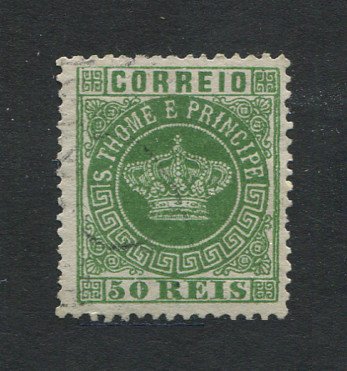 1870 - Afinsa nº 6. Tipo Coroa. Selo de 50 reis usado. Papel liso, denteado 12 1/2. Em boas condições.