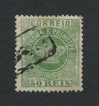 1870 - Afinsa nº 6. Tipo Coroa. Selo de 50 reis usado. Papel liso, denteado 12 1/2. Pequena transparência.