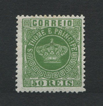 1870 - Afinsa nº 6. Tipo Coroa. Selo de 50 reis novo sem goma como usual. Papel fino, denteado 12 1/2. Em boas condições.