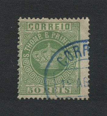 1870 - Afinsa nº 6b. Tipo Coroa. Selo de 50 reis usado. Denteado 13 1/2. Tipo II. Ligeiramente descentrado mas em boas condições.