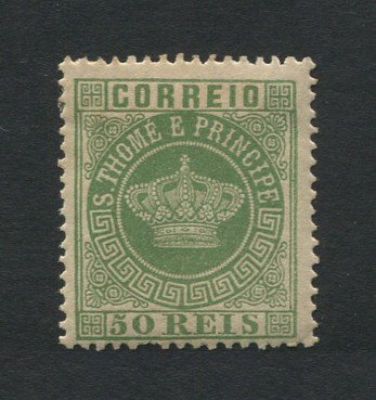 1870 - Afinsa nº 6b. Tipo Coroa. Selo de 50 reis novo COM CHARNEIRA (*) e goma original. Denteado 13 1/2. Tipo II. Tem o denteado irregular.