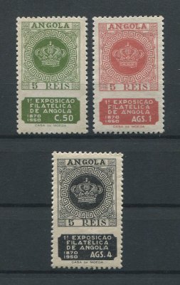 1950 - Afinsa nº 321/323. 1ª Exposição Filatélica de Angola. Série completa nova, SEM GOMA. Em boas condições.