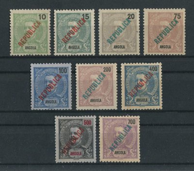 1914 - Afinsa nº 158/166. D. Carlos I com sobrecarga local REPUBLICA. Série completa nova, SEM GOMA. Em boas condições.