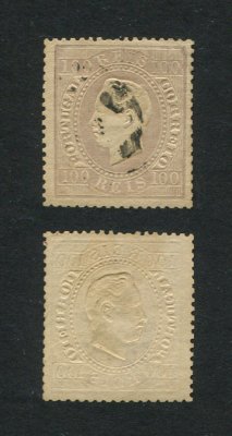 1870/6 - Afinsa nº 43C. D. Luis I, fita direita. Selo de 100 reis usado. Papel liso, DENTEADO 14. Com CERTIFICADO DE PERITAGEM. Em boas condições.