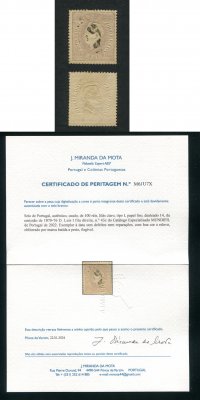 1870/6 - Afinsa nº 43C. D. Luis I, fita direita. Selo de 100 reis usado. Papel liso, DENTEADO 14. Com CERTIFICADO DE PERITAGEM. Em boas condições.