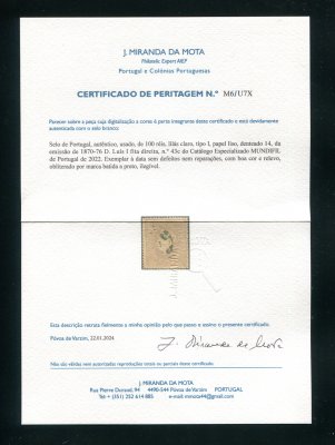 1870/6 - Afinsa nº 43C. D. Luis I, fita direita. Selo de 100 reis usado. Papel liso, DENTEADO 14. Com CERTIFICADO DE PERITAGEM. Em boas condições.