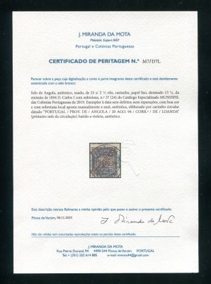 1894 - Afinsa nº 37. Taxa de Jornaes com sobretaxa. Selo de 25r/2 1/2r usado. Denteado 13 1/2. Com CERTIFICADO DE PERITAGEM (CERTIFICATE). Em boas condições.