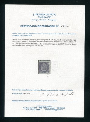 1873 - Afinsa nº 19. Nativos. Tipo IA. Selo de 600 reis novo sem goma. Com CERTIFICADO DE PERITAGEM. Em boas condições.