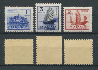 1951 - Afinsa nº 363/365. Embarcações de Macau. Série completa nova SEM CHARNEIRA (**) e com goma original. Em boas condições.