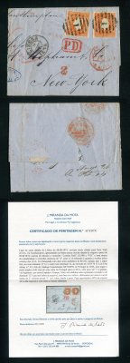 1874 - Capa de carta de Lisboa para Nova Iorque, EUA. Selos D. Luis I, fita direita 80 reis, sendo o selo do lado esquerdo em DENTEADO 14. Afinsa nº 42. Com CERTIFICADO DE PERITAGEM. Em boas condições.