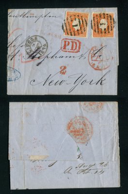 1874 - Capa de carta de Lisboa para Nova Iorque, EUA. Selos D. Luis I, fita direita 80 reis, sendo o selo do lado esquerdo em DENTEADO 14. Afinsa nº 42. Com CERTIFICADO DE PERITAGEM. Em boas condições.