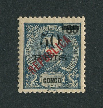 1914 - Afinsa nº 123. D. Carlos I com sobrecarga local REPUBLICA. Selo de 50r/65r novo, COM CHARNEIRA (*) e goma original. Em boas condições.