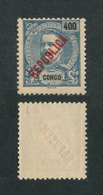 1914 - Afinsa nº 119. D. Carlos I com sobrecarga local REPUBLICA. Selo de 400r novo sem goma como emitido. Com CERTIFICADO DE PERITAGEM. Em boas condições.