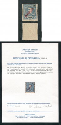 1914 - Afinsa nº 119. D. Carlos I com sobrecarga local REPUBLICA. Selo de 400r novo sem goma como emitido. Com CERTIFICADO DE PERITAGEM. Em boas condições.