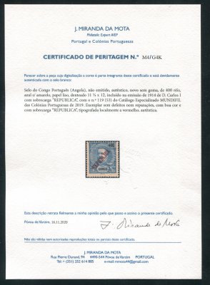 1914 - Afinsa nº 119. D. Carlos I com sobrecarga local REPUBLICA. Selo de 400r novo sem goma como emitido. Com CERTIFICADO DE PERITAGEM. Em boas condições.