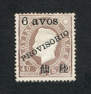 1894 - Afinsa nº 63b. D. Luis I com sobrecarga PROVISORIO e sobretaxa. Selo de 6a/40r novo sem goma como emitido. Denteado 13 1/2. Em boas condições.
