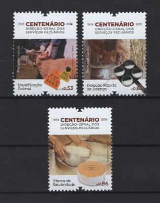 2019 - Afinsa nº 5158/5160. Centenário da Direcção Geral dos Serviços Pecuários. Série nova sem charneira. Goma Original. Em boas condições.