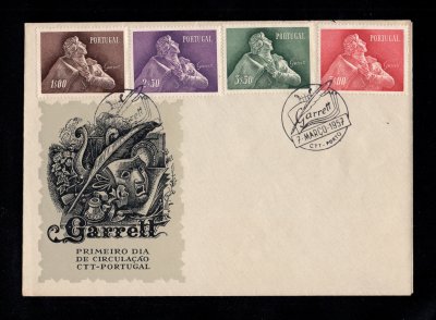 1957 - FDC Afinsa nº 827/830. Almeida Garrett. Carimbo do Porto. Em boas condições.
