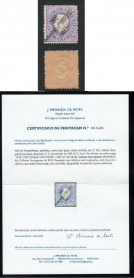 1895 - Afinsa nº 44d. D. Luis I com sobrecarga ''Cent. Antonino''. Selo de 25 reis novo sem goma como emitido. DUPLA SOBRECARGA, UMA DELAS INVERTIDA. Com CERTIFICADO DE PERITAGEM (CERTIFICATE). Em boas condições.