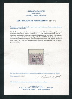 1913 - Afinsa nº 131a. 4º Cent. Descobrimento Mar. para a índia. Sobre África. Selo de 1c/10r USADO com traço de anulação à pena, efectuado pelos serviços dos correios na altura. Com CERTIFICADO DE PERITAGEM (CERTIFICATE). Em boas condições.