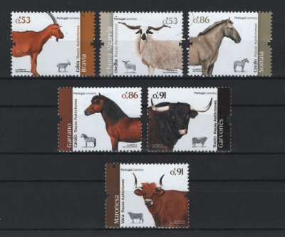 2020 - Afinsa nº 5197/5202. Raças Autóctones de Portugal (3º Grupo). Série nova sem charneira. Goma Original. Em boas condições.