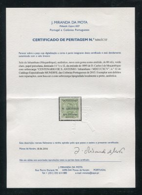1895 - Afinsa nº12. D. Carlos I com sobrecarga "Centenário de S. António". Selo de 80 reis novo sem goma como emitido. Com CERTIFICADO DE PERITAGEM (CERTIFICATE). Em boas condições.