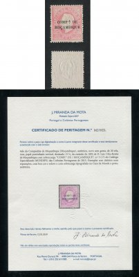 1892 - Afinsa nº 3G. D. Luis com sobrecarga. Selo de 20r novo sem goma como usual. Denteado 13 1/2, papel pontinhado. Em boas condições. Com CERTIFICADO DE PERITAGEM (CERTIFICATE).