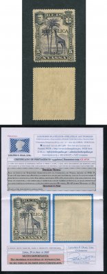 1918 - Afinsa nº 65. D. Carlos I com sobretaxa e sobrecarga. Selo de 1/2c/5r novo SEM CHARNEIRA (**) e com goma original. Com CERTIFICADO DE PERITAGEM (CERTIFICATE). Em boas condições.