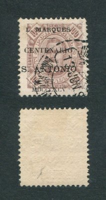 1895 - Afinsa nº 29. D. Carlos com sobrecarga "CENTENARIO DE S. ANTONIO". Selo de 100 reis usado. Com CERTIFICADO DE PERITAGEM (CERTIFICATE). Em boas condições.